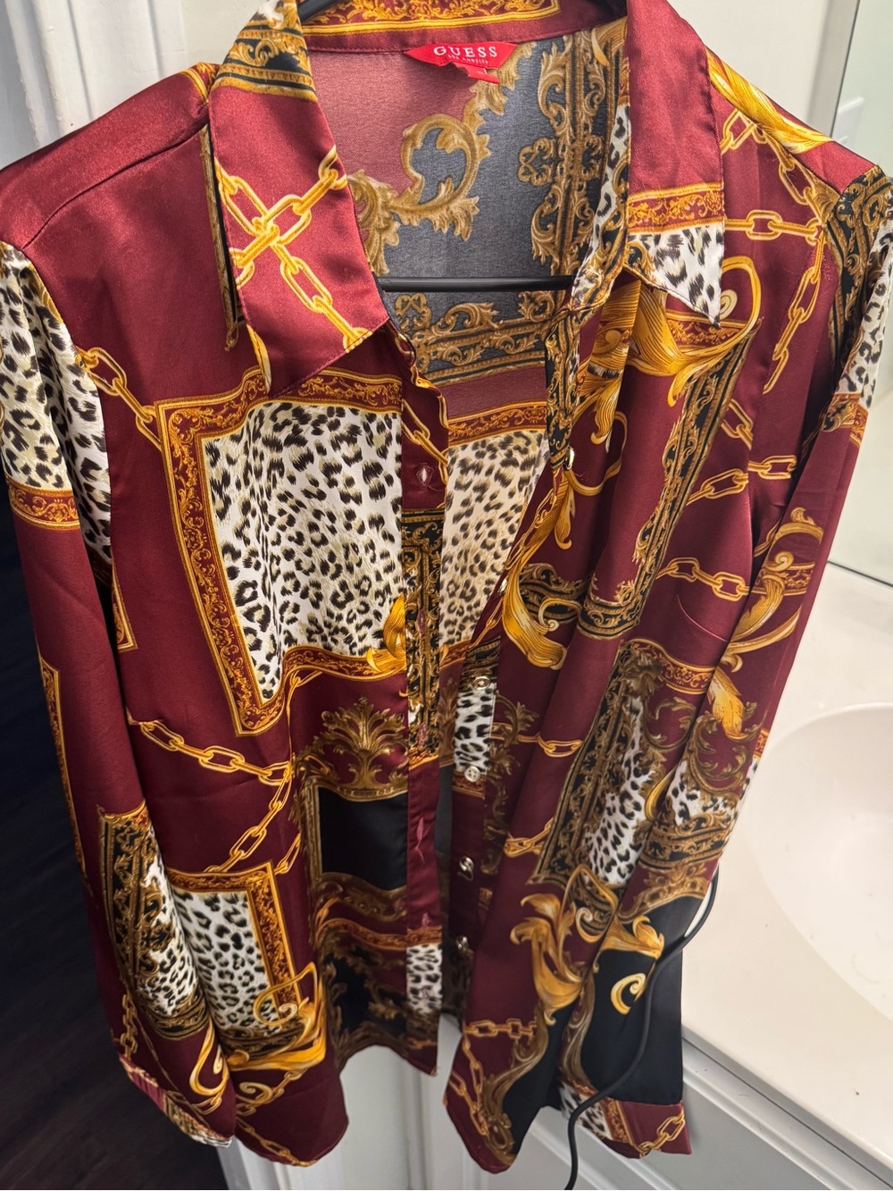 Guess Burgundy, Gold & Gray Baroque Leopard Print Shirt